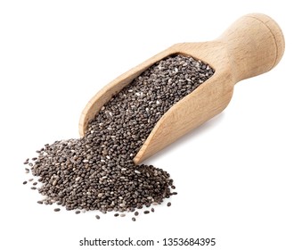 chia seeds in wooden scoop isolated on white background