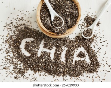 Chia seeds. Chia word made from chia seeds. Selective focus 
