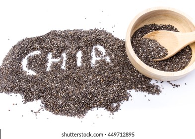 Chia seeds. Chia word made from chia seeds. Selective focus