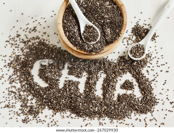 Chia seeds. Chia word made from chia seeds. Selective\
focus 