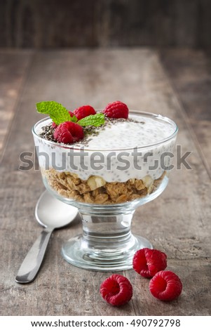 Similar – Chia-Joghurt mit Himbeeren im Glas auf Holz