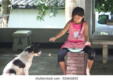 CHIANG MAI- JUNE 20  Unidentified Little Girl Re Divided Food Scraps To The Dogs On JUNE 20 ,2009 At School In Chiang Mai Thailand ,This Photo Taken To The Stories Little Girl And Dog