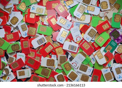 Chiang Mai Thai 3 March 2022 Many of SIM card backgrounds piled up on floor are prepaid SIM cards from various operators in Thailand, making them available in small, large and colorful SIM cards.