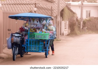 Chiang Mai, Thailand, 2022 Oct 08; Street Food Cart Trailer With Motorcycle On Concrete Road.