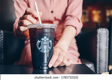 Chiang Mai, Thailand : 22/07/2020 : A cup of Cold Brew coffee in Starbucks coffee shop. Cold brewing is a method of brewing that combines ground coffee and cool water.