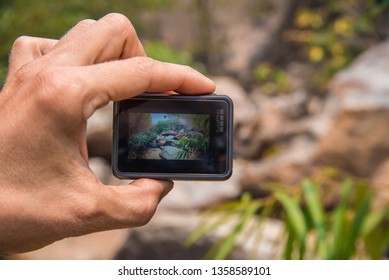 Chiang Mai / Thailand - April 03 2019: Camera Go Pro Hero 7 In Hand Shoots Nature.