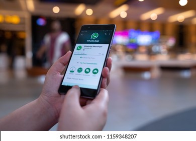 CHIANG MAI, THAILAND - August 03,2018: Woman Hands Holding OnePlus 6 With Whatsapp Messenger On The Screen.WhatsApp Messenger Is A FREE Messaging App To Let You Message And Call Friends And Family.