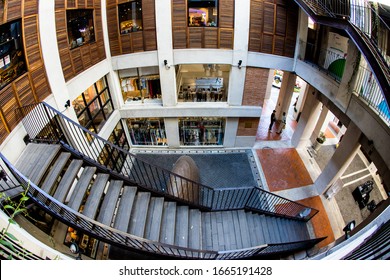 Chiang Mai/ Thailand- December 11, 2019:
Beautiful Interior Design At One Nimman Mall Looking From Top Floor. Top View. Fish Eye Lens Effect.