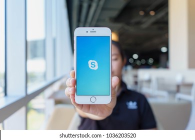 CHIANG MAI, THAILAND - Feb 22,2018: Woman holding Apple iPhone 6S Rose Gold with skype apps. Skype is part of Microsoft, can make video, audio calls, chat messages and do much more using Skype.