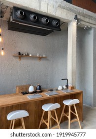 CHIANG MAI, THAILAND- FEBRUARY 17, 2021: Interior Bar Design And Counter Decoration At 'THE BARISTRO ON THE PING' Coffee Cafe And Bakery Shop Decorated With Wooden Furniture In Industrial Loft Style