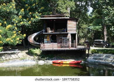 CHIANG MAI, THAILAND- JANUARY 19, 2021: Beverage Bar Architecture And Exterior Design Of 'CAFE NO.39' Local Coffee Shop By The River Pond