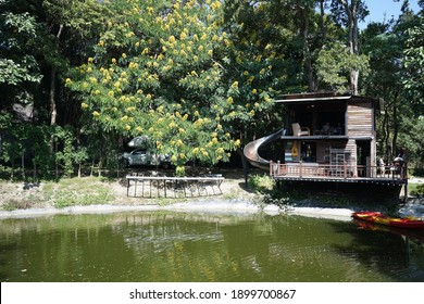 CHIANG MAI, THAILAND- JANUARY 19, 2021: Beverage Bar Architecture And Exterior Design Of 'CAFE NO.39' Local Coffee Shop By The River Pond