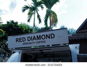 CHIANG MAI, THAILAND- JANUARY 24, 2022: Exterior Food Truck Design And Pop Up Decoration Of 'RED DIAMOND' Famous Specialty Coffee Bar From Bangkok