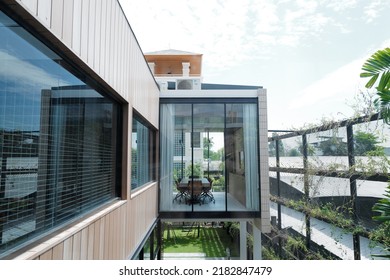 CHIANG MAI, THAILAND- JULY 20, 2022: Exterior Architecture And Decoration Design At 'OTW' Local Coffee Cafe And Bakery Shop Decorated With Wooden And Metal Structure In Modern Style