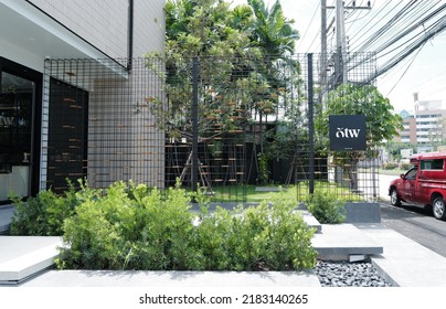 CHIANG MAI, THAILAND- JULY 20, 2022: Exterior Architecture And Decoration Design At 'OTW' Local Coffee Cafe And Bakery Shop Decorated With Wooden And Metal Structure In Modern Style