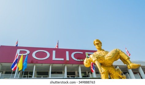 CHIANG MAI, THAILAND - MARCH 3: Police statue at police city office with a sign POLICE. in the Amphur muang on MARCH 3, 2015 in CHIANG MAI, Thailand.