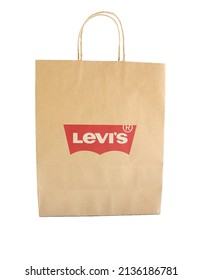 .Chiang Mai, Thailand, March 4, 2022. Brown Paper Shopping Bagswith Levi´s Logo Isolated On White Background.