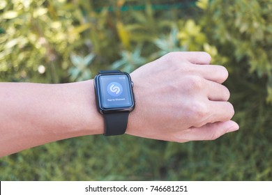 Chiang Mai , Thailand - November 1  2017, Man Wearing Apple Watch Series 3 (GPS) With  Shazam  App On Screen