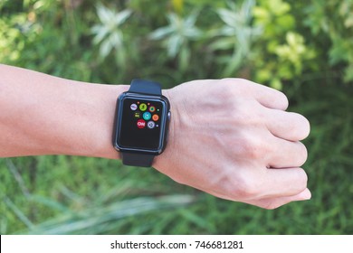 Chiang Mai , Thailand - November 1  2017, Man Wearing Apple Watch Series 3 (GPS) With Multiple Apps View.