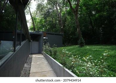 CHIANG MAI, THAILAND- NOVEMBER 23, 2021: Exterior Terrace Architecture And Building Design At 'BASECAMP TRAIL CAFE' Local Coffee Shop Among Natural Green Park