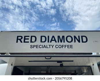 CHIANG MAI, THAILAND- OCTOBER 12, 2021: Exterior Food Truck Design And Pop Up Decoration Of 'RED DIAMOND' Famous Specialty Coffee Bar From Bangkok