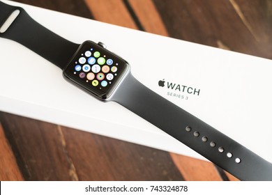 Chiang Mai , Thailand - October 28 2017, Smart watch ,  Apple Watch Series 3 (GPS)Space Gray Aluminum Case with Black Sport Band