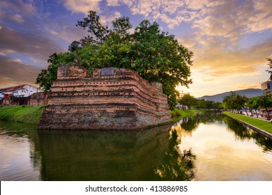 Chiang Mai, Thailand Old City Ancient Wall And Moat.