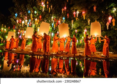CHIANG MAI THAILAND-NOVEMBER 08 :Unidentified monks release floating lamp made of paper annually at Phan Tao temple in Loy Krathong and Yi Peng Festival on November 08,2014 in Chiangmai,Thailand 