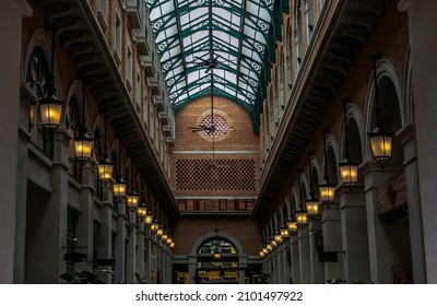 Chiang Mai,Thailand - Sep 08, 2020 : Interior View Of Retro Vintage Building And Brick Wall With Glass Roof Featuring Offices, Restaurants, Focus And Blur.