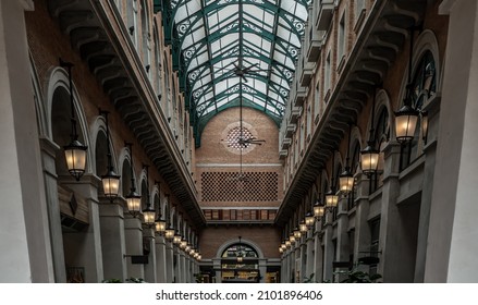 Chiang Mai,Thailand - Sep 08, 2020 : Interior View Of Retro Vintage Building And Brick Wall With Glass Roof Featuring Offices, Restaurants, No Focus, Specifically.