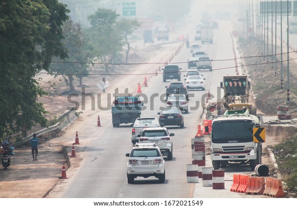 Chiang Mai/Thailand-march13,2020:Soft Focus Air\
pollution at the value of smoke dust exceeds the standard level of\
red, small dust, lower than PM2.5 levels caused by forest fires and\
industrial plants