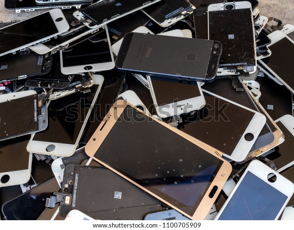 Chiang Rai, Thailand:\
August 23, 2017 - heap of broken smartphone screen (e-waste,\
electronic-waste)\
