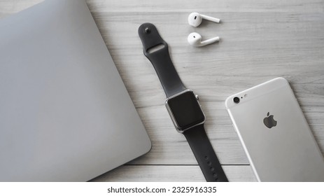 Chiang Rai, Thailand - JUNE 2, 2023: Apple product. MacBook Pro, iPhone, apple watch. - Shutterstock ID 2325916335