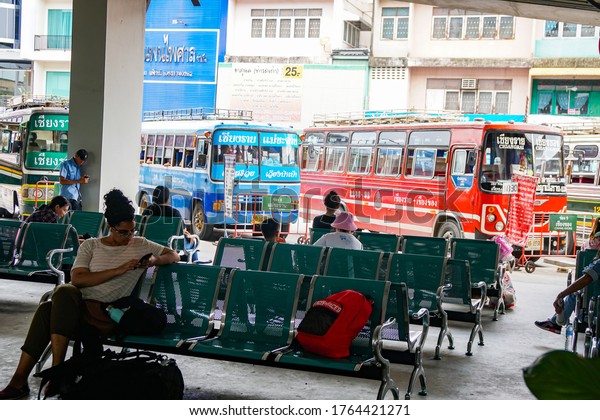 Chiang Rai, THAILAND -\
June 2, 2020, city ​​bus station, Thais and tourists are waiting\
for the bus