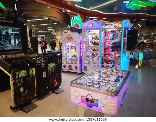 CHIANG RAI, THAILAND -\
MARCH 7, 2019 : Unidentified people walking at arcade game and\
entertainment zone in department store on March 7, 2019 in Chiang\
rai, Thailand.