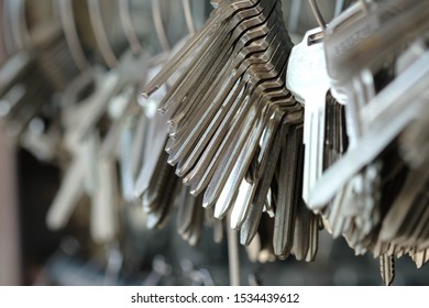 Chiang Rai, Thailand - September 24, 2019: Chains For Copy Key,close Up Of Locksmith Key Shop Business Many Key Chains In Bunches.