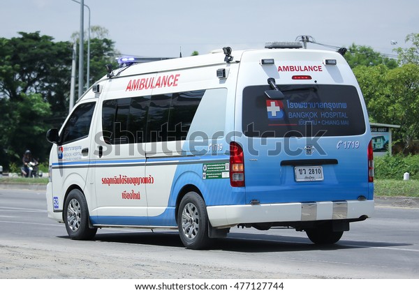 CHIANGMAI, THAILAND -AUGUST 10 2016:   Ambulance
van of Bangkok Hospital.   On road no.1001, 8 km from Chiangmai
Business Area.