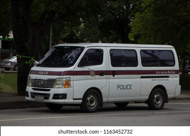 Chiangmai, Thailand - August  10 2018: Police Van car of Royal Thai Police. Photo at Chiangmai city road.