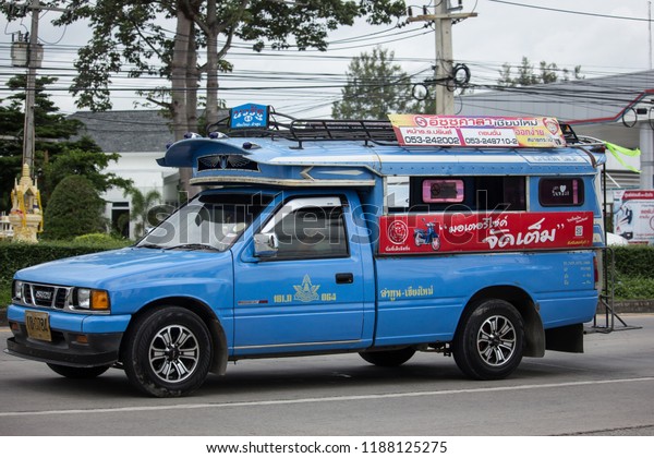 Chiangmai, Thailand -\
August  14 2018: Blue Pickup truck taxi Lamphun, Service between\
Lamphun city and Around. Photo at road no.121 about 8 km from\
downtown Chiangmai,\
thailand.