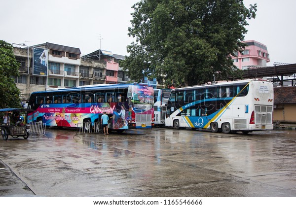 Chiangmai, Thailand - August  18\
2018: Bus of Blue 9 band, Sub Brand from Greenbus Company. Route\
Bangkok and Chiangmai. Photo at Chiangmai bus station,\
thailand.