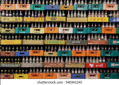 CHIANGMAI, THAILAND - DECEMBER 19,2016 :Old Crates Of Soft Drinks In The Antique Shop. Chiang Mai, Thailand