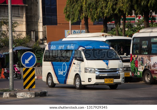 Chiangmai, Thailand - February 16\
2019:  Van of Blue9 Company, Sub Company of Greenbus company. route\
Lampang and Phrae. Photo at Chiangmai bus station,\
thailand.