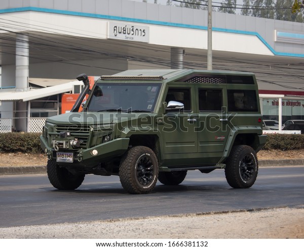 Chiangmai, Thailand - February 18 2020:\
Thairung tranformer, Sports Utility Vehicle design and build by\
thairung company. engine use toyota. Photo at road no.121 , 8 km\
from city Chiangmai,\
thailand.