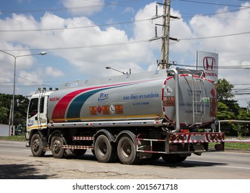 Chiangmai, Thailand -July 13 2021:  Oil Truck Of Phichaya  Oil Transport Company. On Truck On Road No.1001, 8 Km From Chiangmai City.