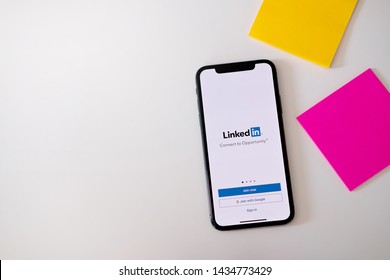 CHIANGMAI, THAILAND - JUN 23,2019 : An Apple iPhone Xs with LinkedIn application on the screen.LinkedIn is a photo-sharing app for smartphones.