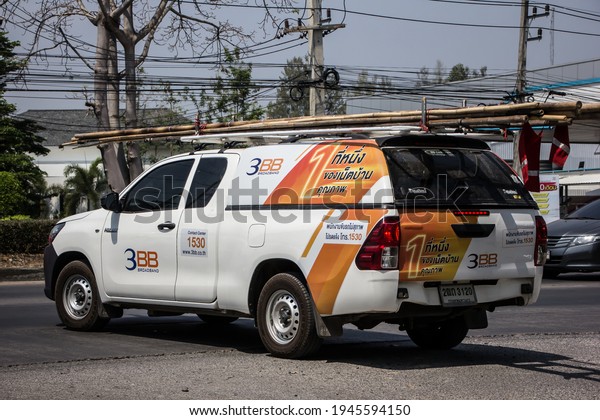Chiangmai, Thailand\
- March  4 2021: Pickup truck of Triple T Broadband company.\
Intenet Service in Thailand. Photo at road no 121 about 8 km from\
downtown Chiangmai,\
thailand.
