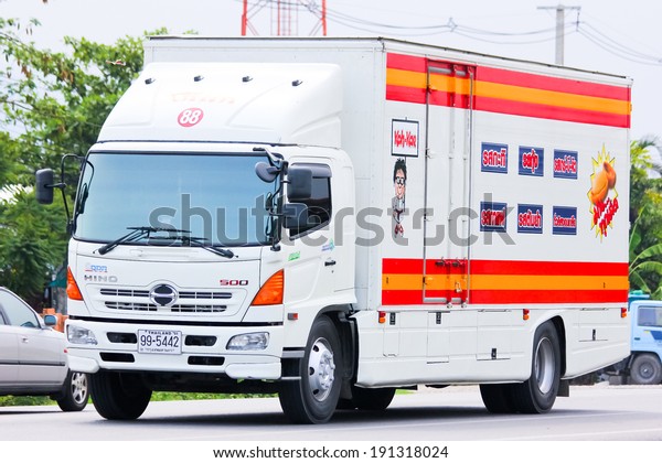 CHIANGMAI, THAILAND- MAY 6\
2014: Cargo Truck of Mae-Ruay Snack Food Factory Co Ltd ( Koh kae\
product ).  Photo at road no.121 about 8 km from downtown\
Chiangmai, thailand.\
