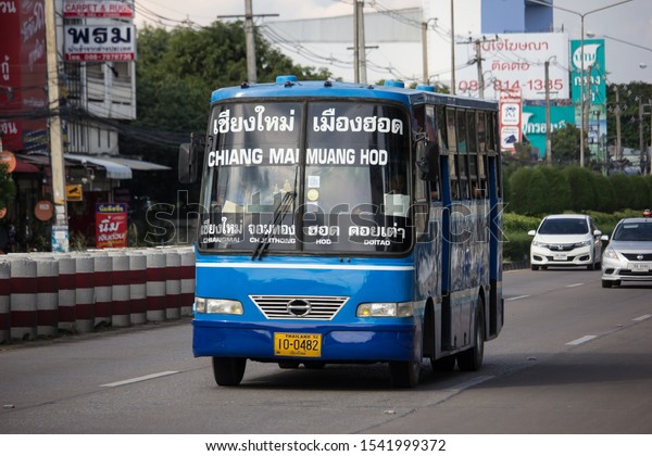 Chiangmai, Thailand -  October 10 2019: Bus route\
Chiangmai and hod distric, Budget fan bus. Photo on road in\
chiangmai city.