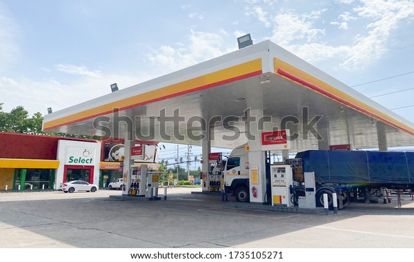 Chiangmai,Thailand-May 18, 2020 : Shell oil\
service station in Thailand, Fueling and gas locations for\
motorbikes and cars, Engine resting stations for long-distance\
vehicles, oil\
station.