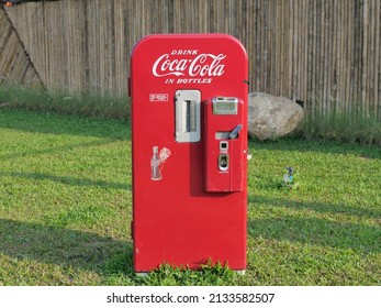 Chiangrai Thailand - 08 March 2022 - Coca Cola Coke Soft Drink Vending Machine Red Machine 